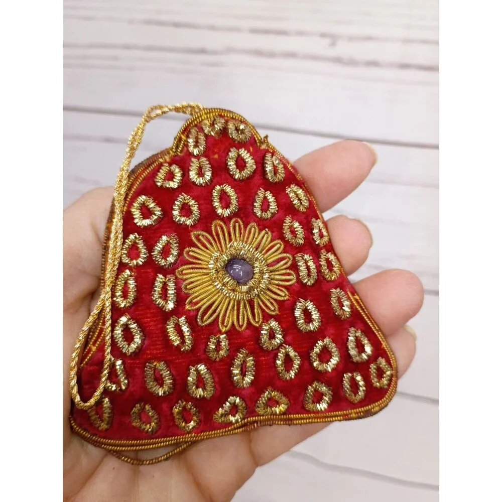 Red Velvet Bell Ornament With Gold Embroidery & Purple Gemstone Accent For Holid